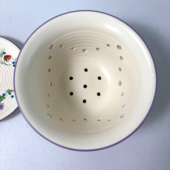 Strawberry Blueberry Fruit Flower Ceramic Colander with Tray Cottage Farmhouse - Picture 3 of 11